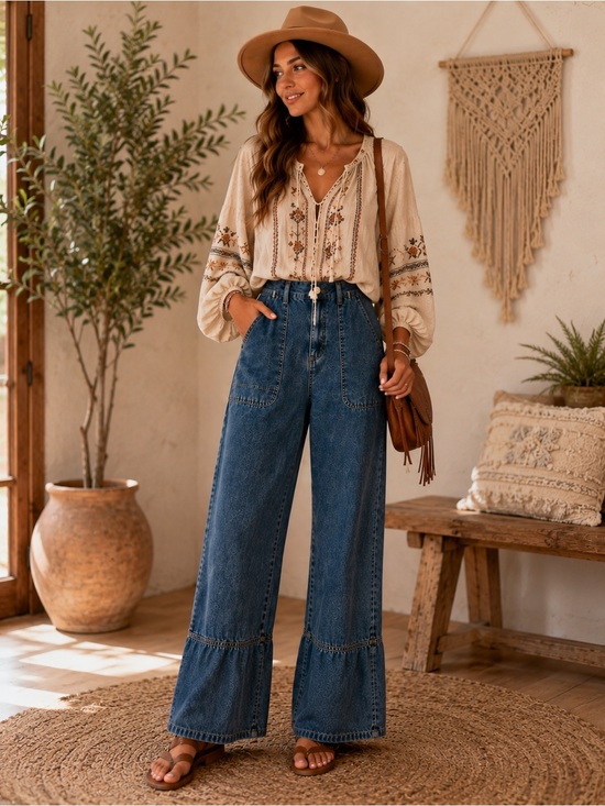 Denim - Boho Wide Leg Ruffle Hem Denim Jeans | High Rise Patch Pocket Pants  Western